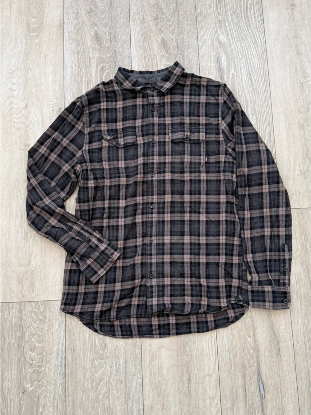Vans Men's Black and Brown Plaid Button-Down Shirt